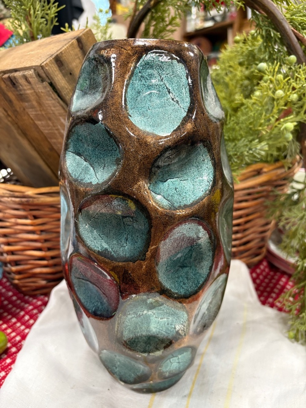 Teal and Brown Ceramic Decorative Vase -